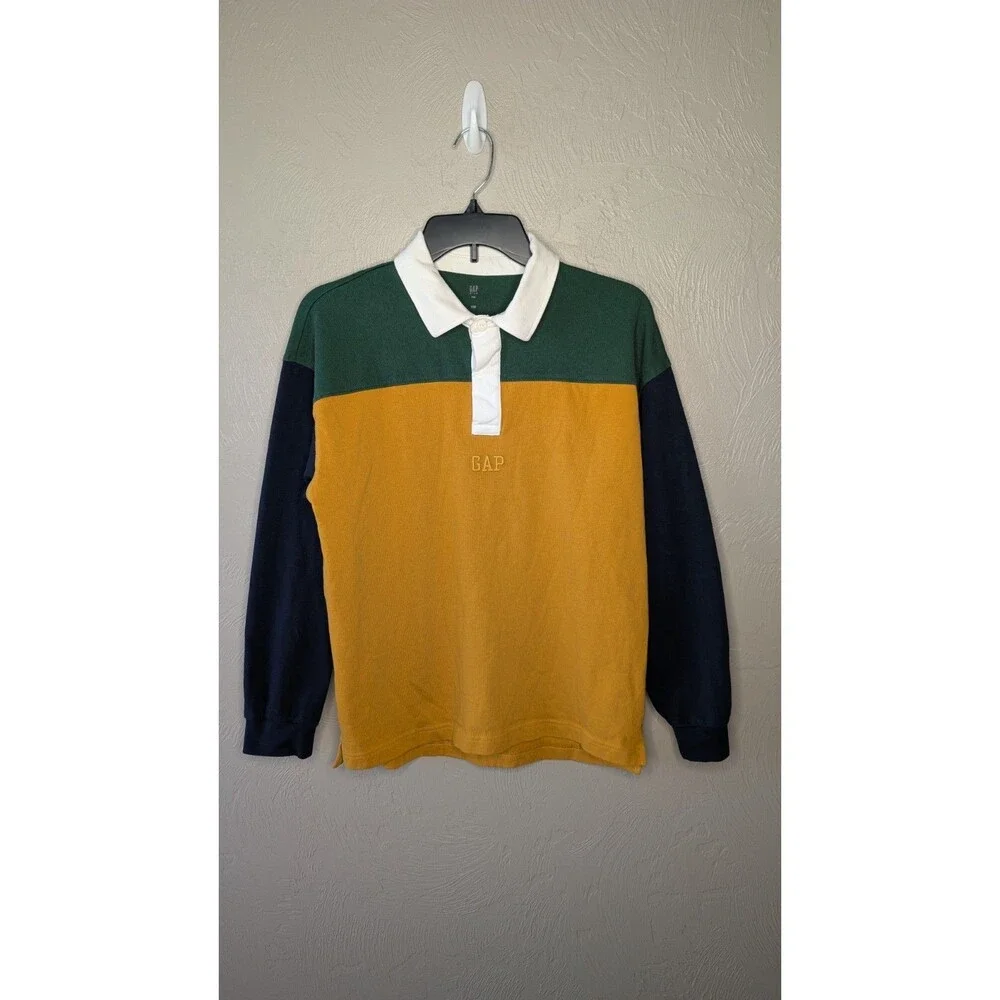 GAP Kids Boys XXL Blue Green Yellow Colorblock Logo Long Sleeve Rugby Polo Shirt